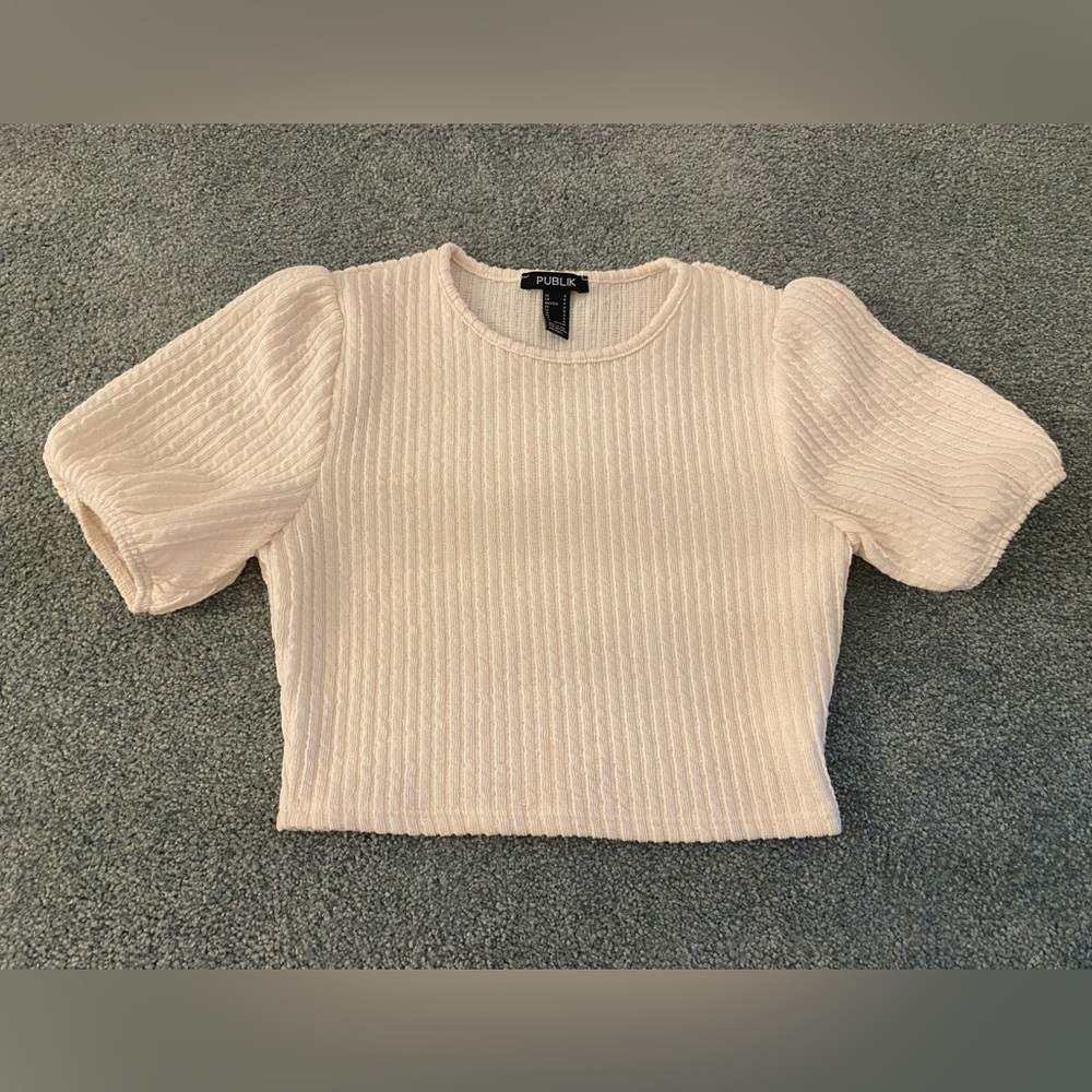 PUBLIK Ivory Knitted Ribbed Puffy Sleeve Crop Top